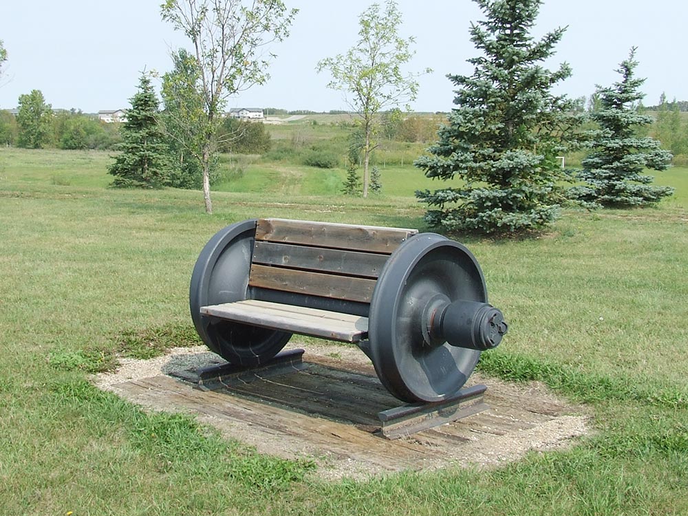 Wheel Bench constructed using train wheels, Rivers, Manitoba